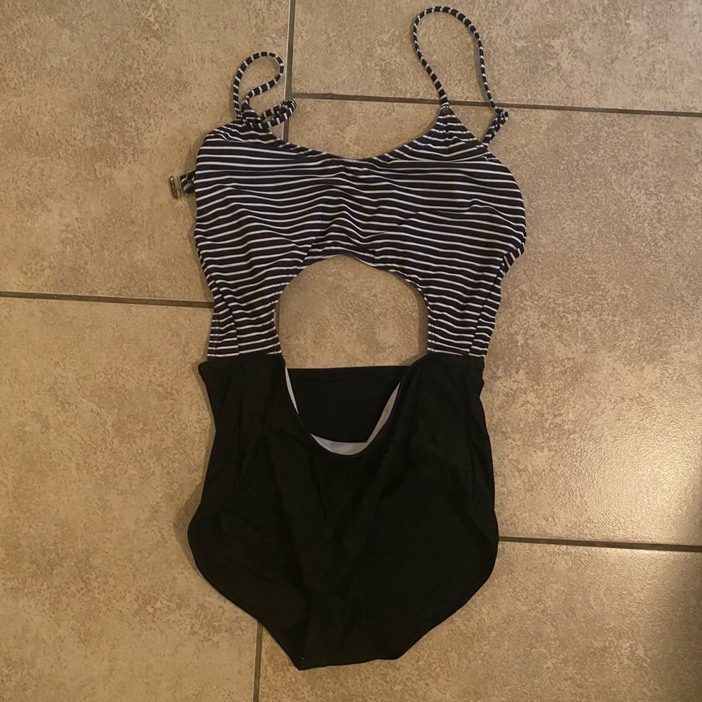 Black & White Striped One Piece Swim Suit